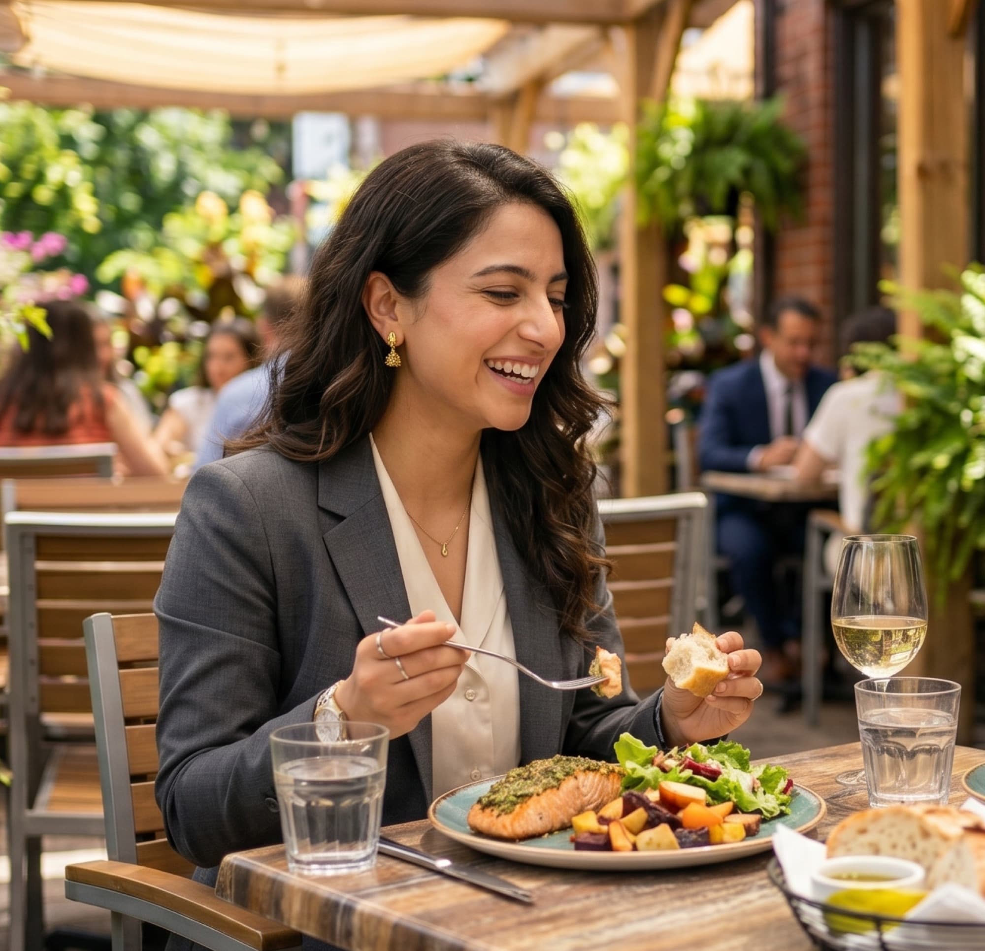 A relaxed patio lunch — the kind of meal you can enjoy without bracing once chronic digestive symptoms are addressed