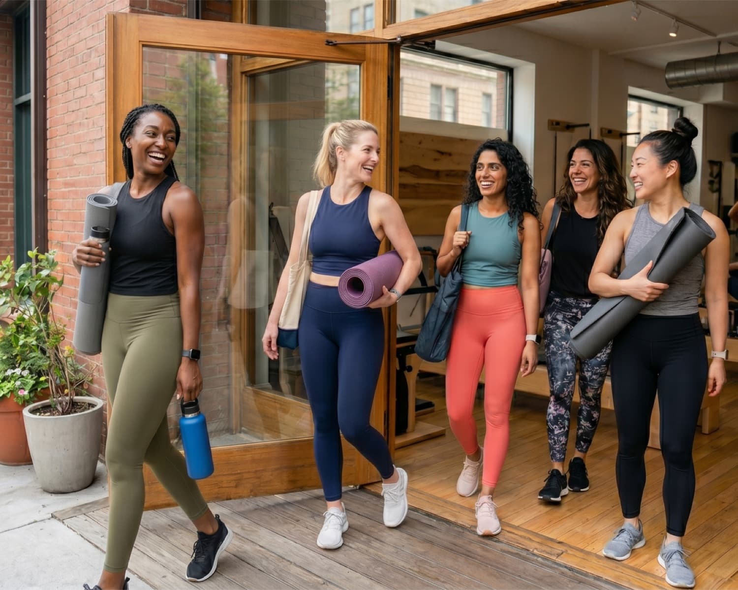 Five women leaving a pilates studio together, smiling and chatting