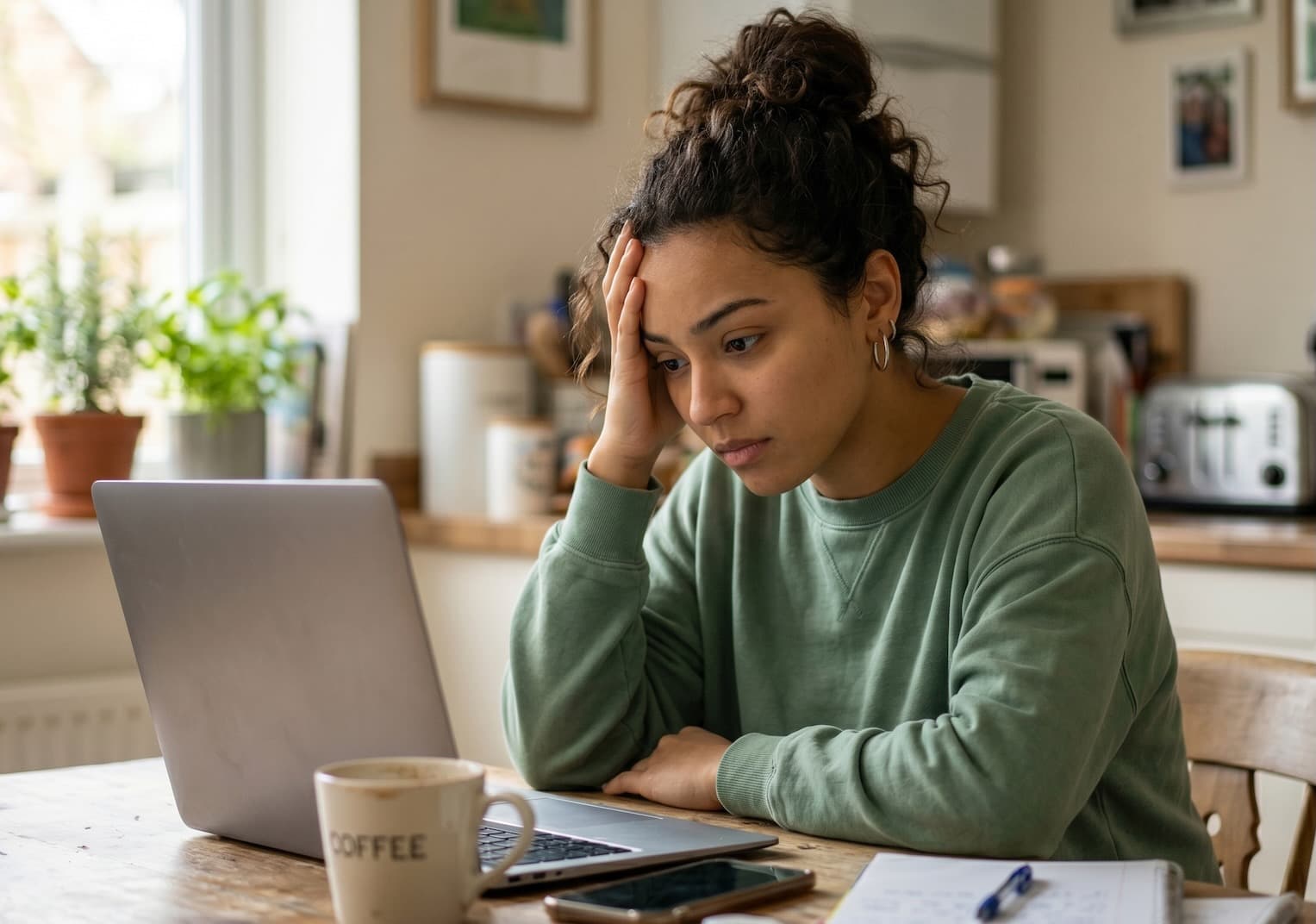 A woman sitting with her head resting on her hand, looking frustrated and tired.