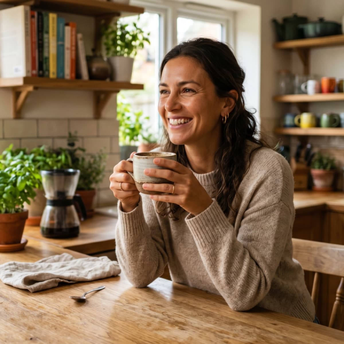 A woman smiling and holding a mug at her kitchen table, bathed in morning light